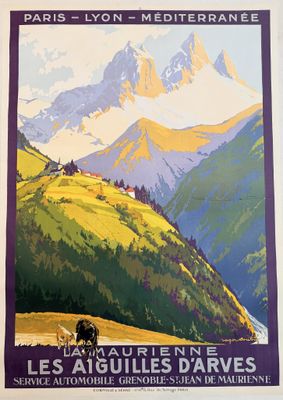 french vintage travel poster of a mountain valley with a horse in the foreground and mountains in the background