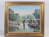 un tableau représentant une scène fluviale avec des bateaux et un pont