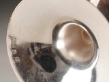 a close up view of a silver vase with a cat on it