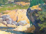 an image of a painting of a river with rocks and trees