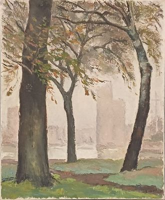 an image of a painting of trees in a park with buildings in the background