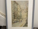 aquarelle encadrée représentant une scène de rue avec des passants marchant dans la rue