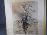 painting of a man holding a rifle and a flag on a wooden easel