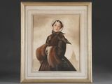 un tableau représentant une femme en manteau de fourrure tenant un chat dans ses bras