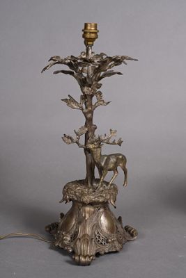 pair of antique brass table lamps with animals and flowers on them