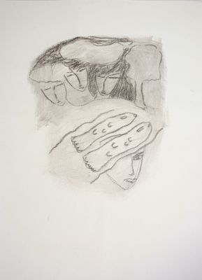 pencil drawing of a person sitting on a bed with a blanket