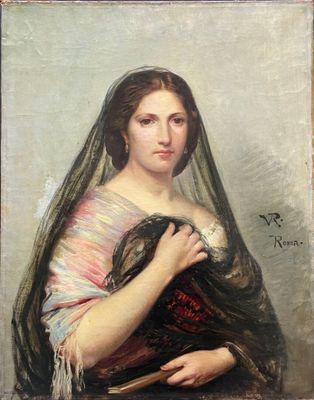 un vieux tableau représentant une femme voilée tenant un éventail