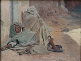 a painting of a man and a woman laying on the ground