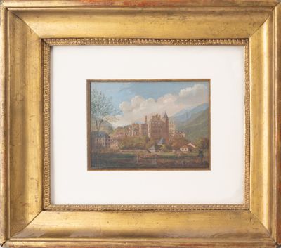 une image représentant un tableau représentant un château, dans un cadre doré