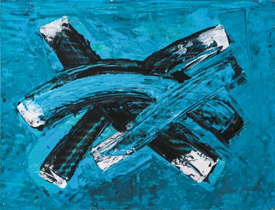 an abstract painting of a blue and black cross on a blue background