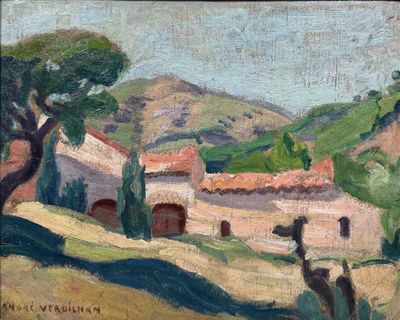 an oil painting of a farm scene with a cow in the foreground