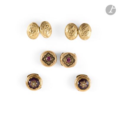 three pairs of gold and amethorate earrings and a pair of amethorate earrings