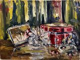 un tableau représentant une boîte rouge et un miroir posés sur une table