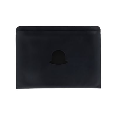 étui à ordinateur portable en cuir noir orné d'un chapeau melon sur le devant
