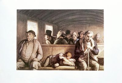 a painting of a group of people sitting in a train