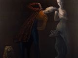 an oil painting of a man and a dog in a dark room