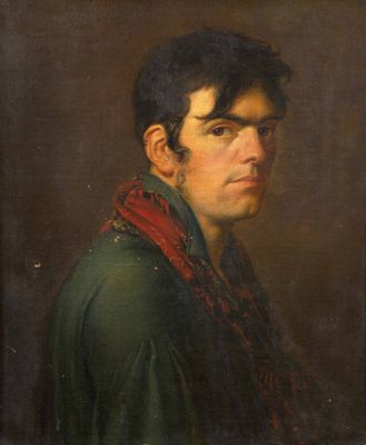 portrait d'un homme vêtu d'une veste verte et d'une écharpe rouge