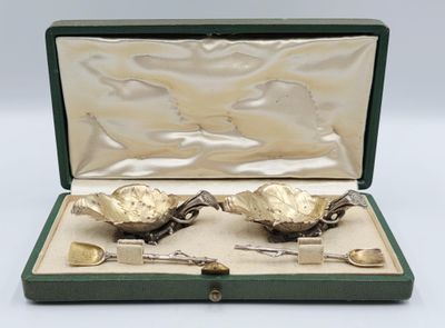 two silver spoons in a green case on a white surface