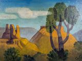 an oil painting of a desert scene with trees and a building