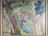 une peinture à l'huile représentant un homme debout devant un bâtiment