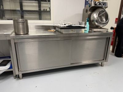 un grand plan de travail en inox sur lequel sont posés des casseroles et des poêles