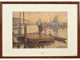 painting of two men on a dock with a dog and a cat