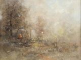 an image of a painting of a person walking in a field