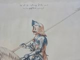 a drawing of a man riding a horse with a sword