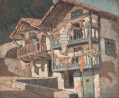 painting of a building with balconies and balconies on the side of the building