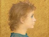 un tableau représentant une jeune fille en robe bleue sur fond jaune