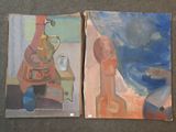 two paintings of vases and a teapot on a table