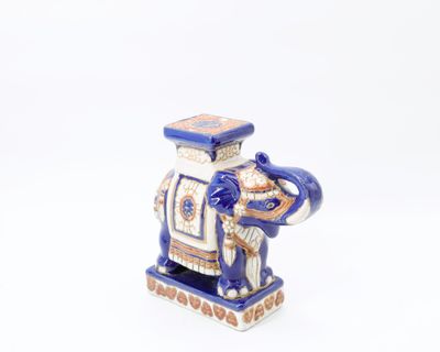 ASIE - Éléphant en céramique polychrome bleu & brune.