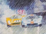 an image of a painting of two race cars in the rain