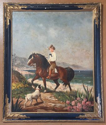 painting of a boy riding a horse with a dog on the beach