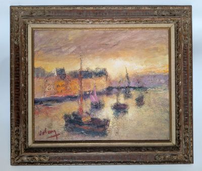 a painting of boats in a harbor with a sunset in the background