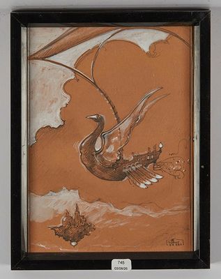 tableau représentant un oiseau volant dans le ciel, avec un poisson au premier plan