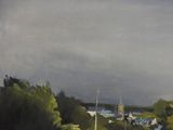 a painting of a view of a town from a hill