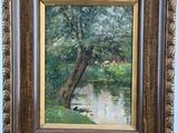 an oil painting of a river scene with a tree and water