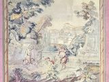painting of a landscape with figures and birds in a pink frame