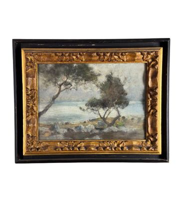 une peinture à l'huile représentant un paysage avec des arbres et des moutons au premier plan