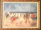 tableau représentant une scène de plage avec des personnes jouant dans le sable