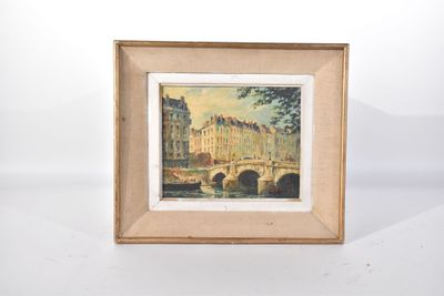 peinture d'un pont sur une rivière avec un château en arrière-plan