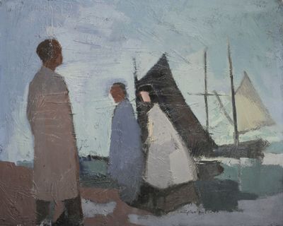 un tableau représentant une femme et deux hommes debout sur une plage