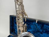a person holding a silver saxophone in a blue case