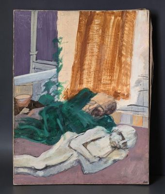 une peinture à l'huile représentant une femme allongée sur un lit près d'une fenêtre