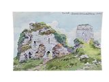 a watercolor painting of a castle on a hill