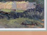 a picture of a painting of a field with trees in the background