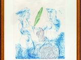 dessin encadré représentant un groupe de personnes dans un champ, avec une feuille verte