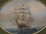 painting of a sailing ship in the ocean with a sky background