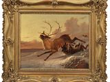 une peinture à l'huile représentant un renne courant dans la neige